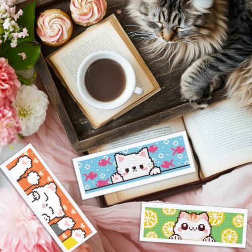 Image of INFUNLY 6pcs Cartoon Cat DIY Cross Stitch Bookmark Kits for Beginner 8.66 inchx3.15 inch Cute Kitten Stamped Embroidery Kit with Instruction Pussycat Printed Bookmark Kits for Cat Lovers Book Readers Writers