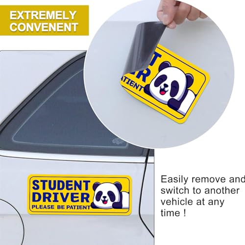Image of Student Driver Please Be Patient Car Magnet, Yellow Panda Series Cute Picture, Patient With Reflective Magnetic Bumper Sticker Set Detachable, Novice Safety Signs.Set of 3