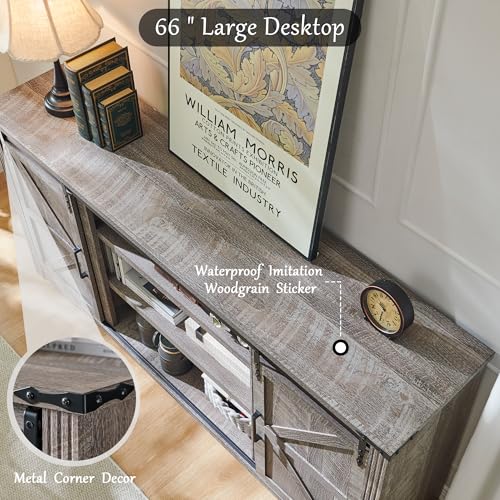 Image of Farmhouse 66 inchWood TV Stand for 75+ Inch TV, w /4 Drawers & Sliding Barn Door | 32 inch Tall Entertainment Center, Rustic Media Console w /Storage Shelves, 66 inch Wood Television Stand for Living Room, Grey Wash