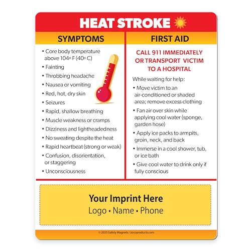 Safety Magnets by ZOCO – 100-Pack Heat Stroke Signs & First Aid Custom Fridge Magnets – Personalized Promotional Product for Healthcare & Businesses – 4' x 5'
