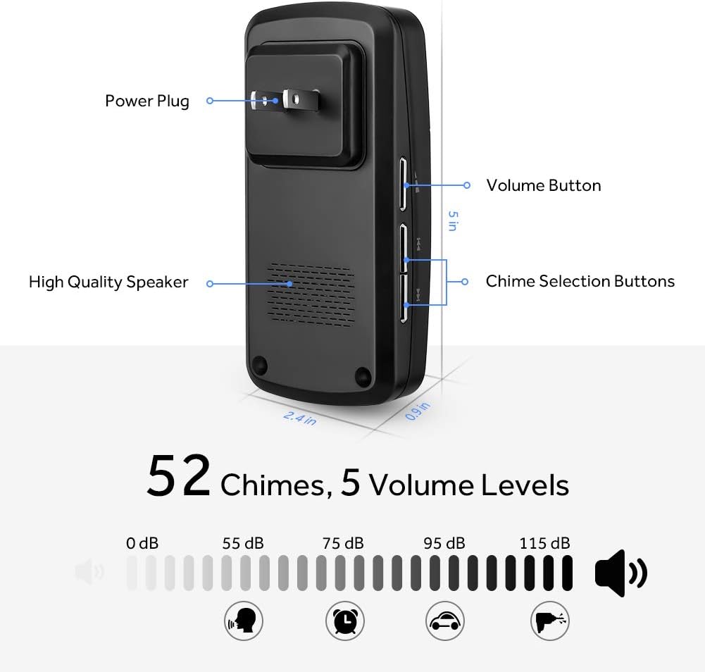 Wireless Doorbell, NOVETE Expandable 52 Chime Door Bell Kit Over 1300ft Operating Range, IP 55 Waterproof Transmitter, Two Plug-in Receivers, 0-115 dB Volume Adjustable, LED Flash - - 