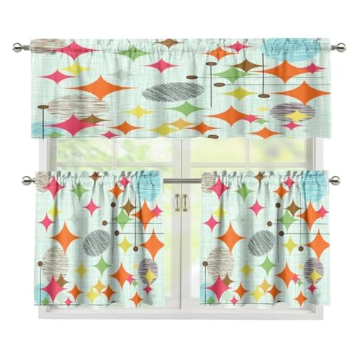 Abstract Kitchen Curtain Valance and Tiers Set Colored Retro Modern Geometric Short Curtain Office Living Room Bedroom Dining Room 54 x 18 inches + 27.5 x 24 inches *2
