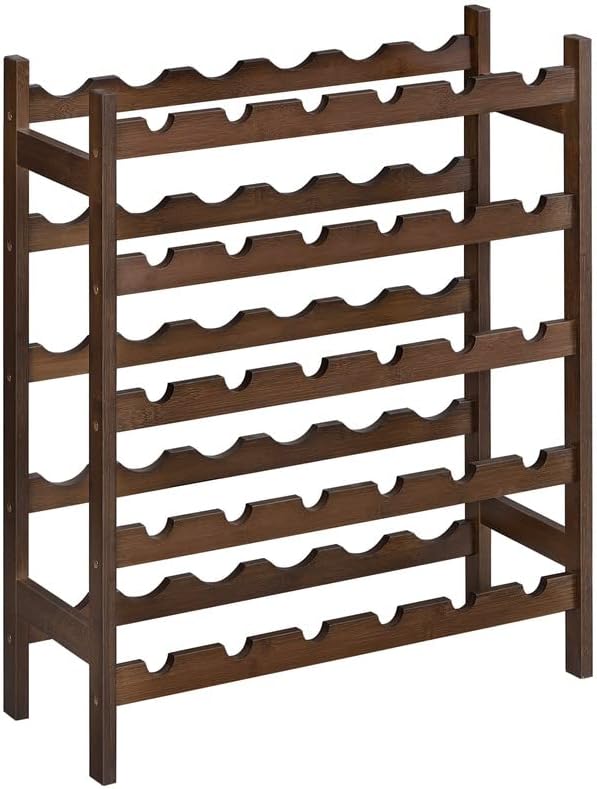 SONGMICS 30-Bottle Wine Rack, 5-Tier Freestanding Floor Bamboo Wine Holder, Display Stand Shelves, Wave Bars, Walnut Color UKWR025D01