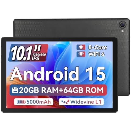 Jeazans Tablet,10.1 Inch Android 15 Tablet with 20GB RAM 64GB ROM 1TB Expansion, Octa-core Processor, 5MP+8MP Camera, Widevine L1