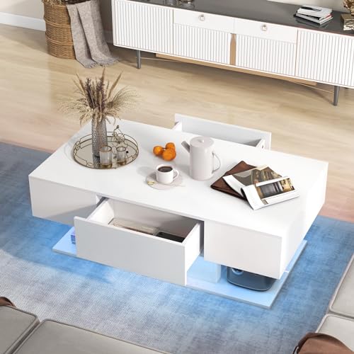 GIANTEX Mesa de Centro con 2 Cajones, Mesa de Café con Luz LED Regulables de 20 Colores y Control Remoto, Ajustable de 2 Nieveles, para Salón, Oficina (Blanco)