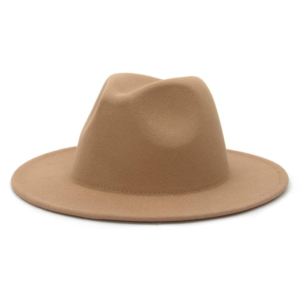 Gemvie Unisex Camel Vintage Wool Fedora Hats Mens Womens Elegant Wide Brim Jazz Panama Hat Trilby Felt Hats -M