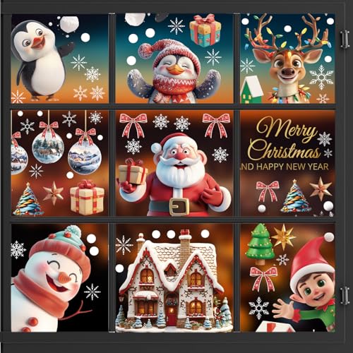 Christmas Window Clings - 125 PCS Reusable Snowman and Santa Claus Double Sided Decorations, Decals, Stickers for Glass