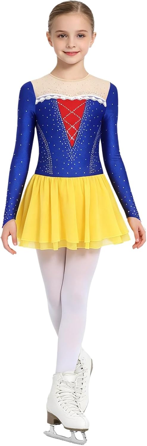 Girls Dancewear Ballet Tutu Princess Sparkly Rhinestone Contrast Color Figure Skating Dress Dance Leotard