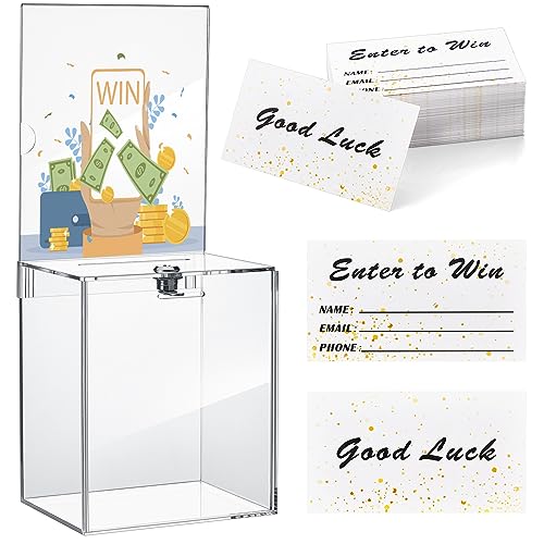 Teling 101 Pcs Tall Acrylic Donation Box with Lock and Sign Plate 7 x 5 x 8 Inches Safe Suggestion Box with Raffle Tickets Cards for Raffle, Money, Voting, Charity, Suggestion (Clear)