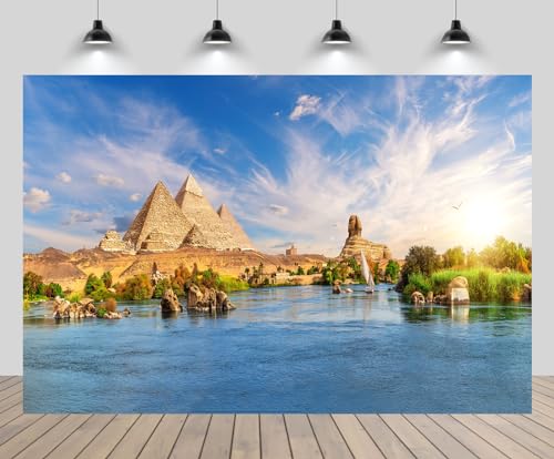 chnywork 8x6ft Pyramids Backdrop Sphinx African Egypt Nile River Desert Stones Aswan City Sunset Scenery Background African Egyptian Travel Party Decor Photo Studio Booth Props Wallpaper - image 1