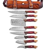 FYNCUT 129-8 Stainless Steel Damascus Knife Set 8 pcs, Kitchen Knife Set with Leather Roll Case Bag High Carbon Ultra Sharp Knife for Kitchen, Professional Chef Knife Set with Bag 129 (8)