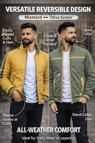 Image of Ben Martin Men's Stylish Reversible Bomber Jacket || Mustard & Olive Jacket For Men || Lightweight Nylon Winter Jacket with Ribbed Cuffs || Casual & Smart Winter Wear || Double Sided Winter Jackets.