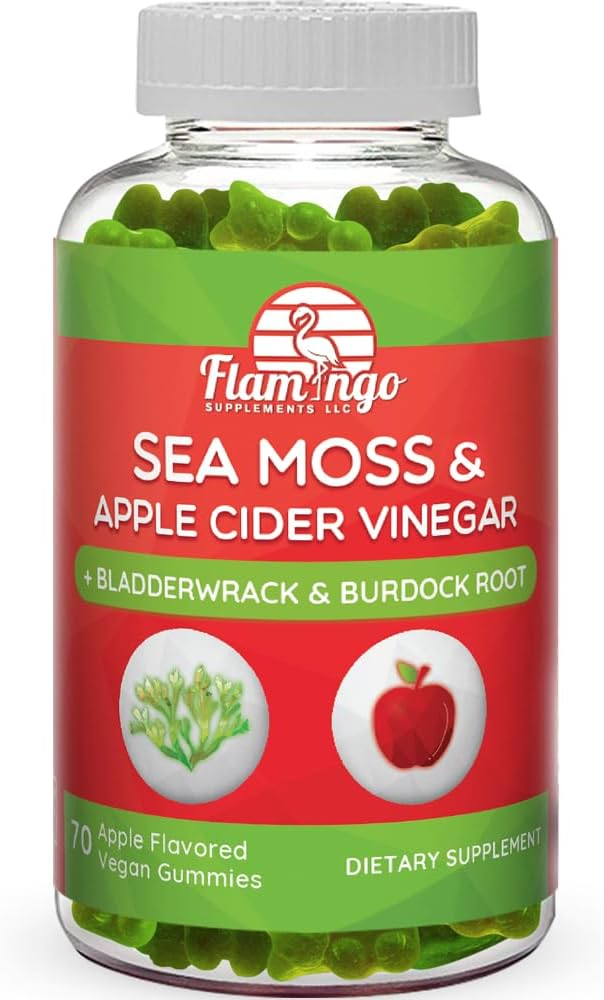 Flamingo Supplements Sea Moss Gummies with Apple Cider Vinegar, Bladderwrack, and Burdock Root- Vegan Gummies for Kids and Adults. Non GMO, Gluten Free. Apple Flavored- 70 Count
