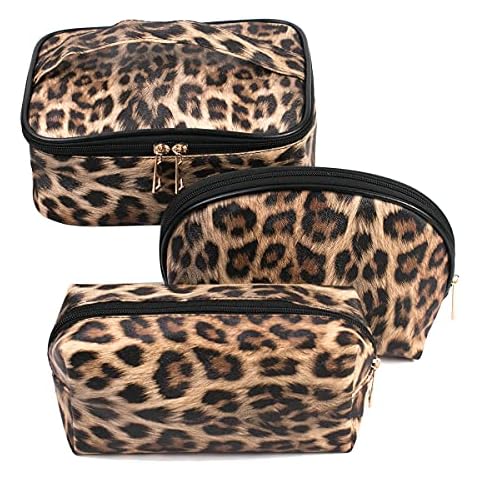 FITINI Makeup Bag Leopard 3 Pack Travel Toiletry Bag Portable Cosmetic Pouch Organizer with Small Brush Holders Gold Zipper Waterproof Storage Case for Women and Girls Cover