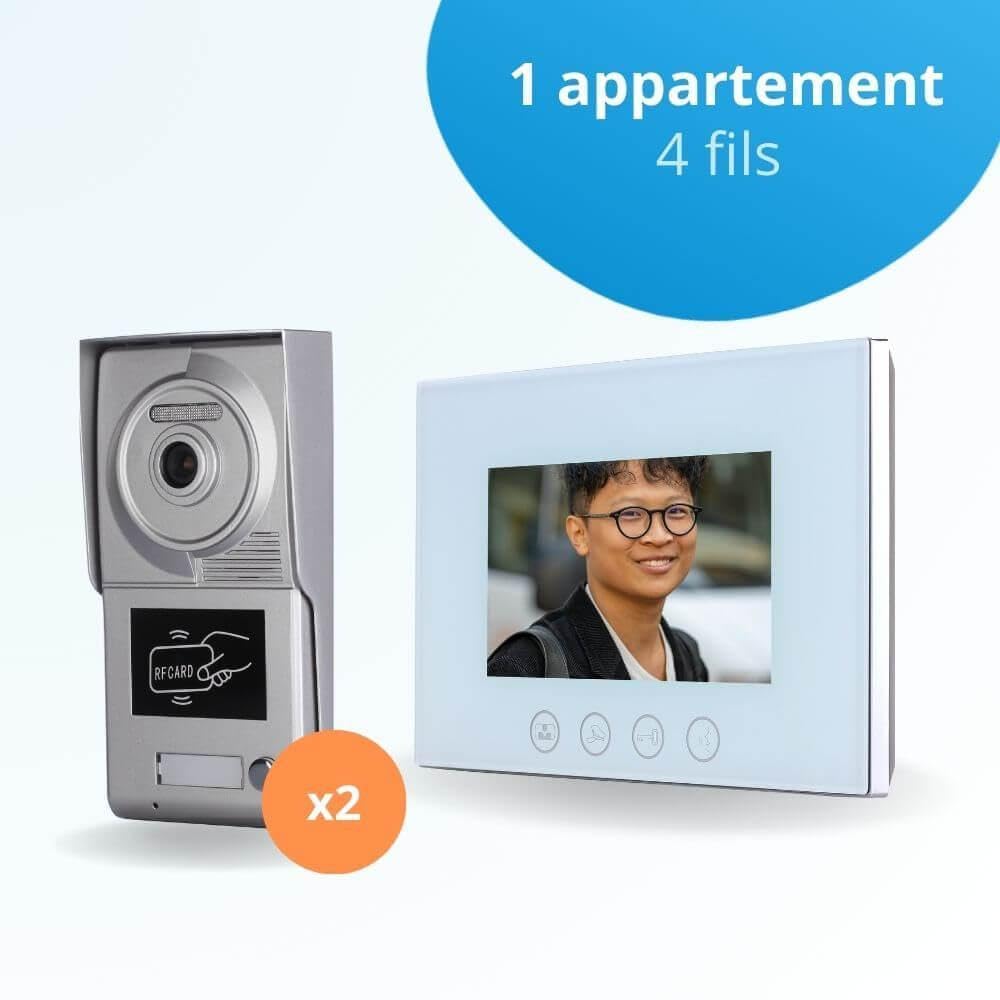 Portier interphone vidéo Classic 4 Fils pour 2 entrées - 1 Appartement - 2 platines - 1 écran Blanc 7" - avec mémoire Photos - avec Lecteur de Badge