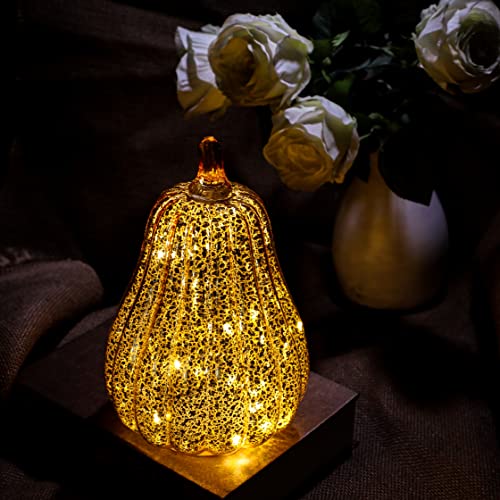 Image of Romingo Mercury Glass Pumpkin Light with Timer for Halloween Pumpkin Decorations Fall and Thanksgiving Decor,Gold, 8.7 inches