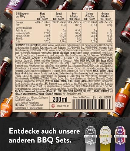 TIMBER TASTE® Grill Sauce Geschenkset [5 x 40 ml] - BBQ Sauce Set - Herzhafte Soßen Geschenk - Besondere Geschenke für Männer & Frauen - Soße Geschenkbox - Barbeque Saucen Gewürze Geschenkset