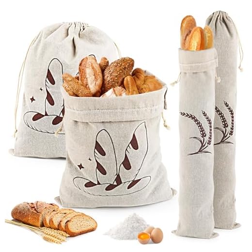 NVIYAM 4 Bolsas de Pan de Lino, Bolsa Pan para Guardar El Pan con CordóN, Bolsa Pan Tela Para Pan, Baguette, Frutas, Verduras, 2 Unidades (30 X 40 Cm) + 2 Unidades (14.5 X 63 Cm)