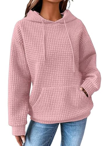 Decorie Hoodie Damen Kapuzenpullover Waffel Pullover Damen Winter Herbst Sweatshirt mit Kapuze Einfarbig Oberteile Langarm Casual Kapuzenpulli (Pink,L)