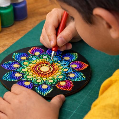Image of Funtaala Dot Mandala DIY Art Kit for Kids & Adults | Engraved MDF Wall Decor, Coasters, Magnets & Keychains | Relaxing Paint & Craft Kit | Creative Gift