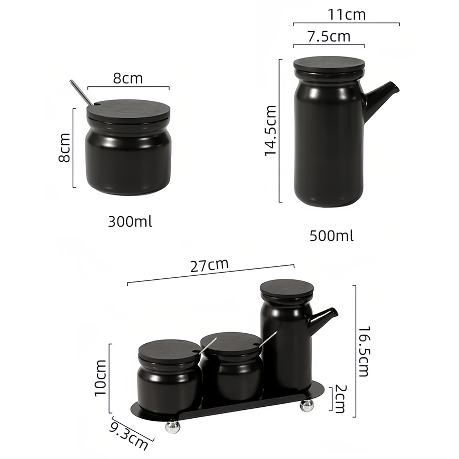 Juego de 3 azucareros, azucarero con tapa y cuchara, recipiente para azúcar, azucarero, azucarera (negro, A)