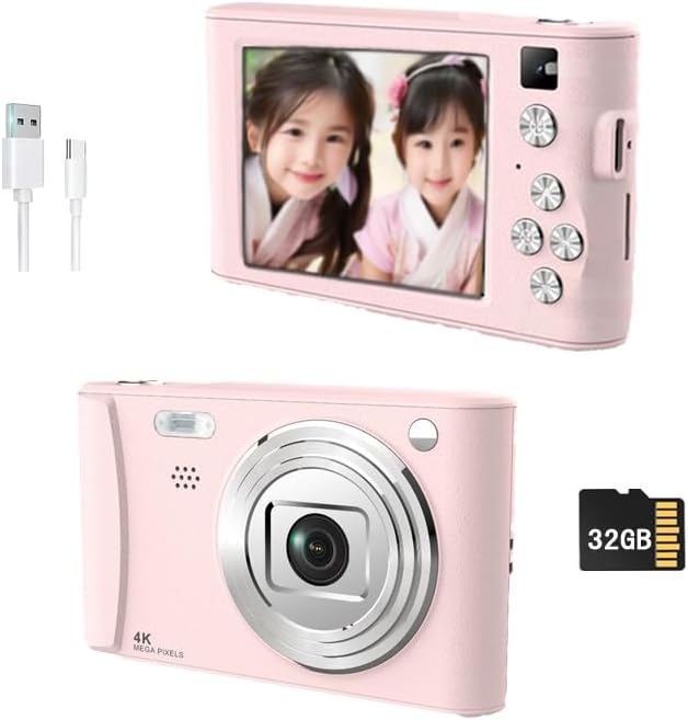 キッズカメラ 子供用デジタルカメラ 1080P HD録画 3.0インチIPS画面 8倍ズーム 32GB SDカード付 800mAhバッテリー タイマー撮影対応 3～9歳向け プレゼント 女の子 男の子 (ライトブルー) (子供用カメラ, ピンク)