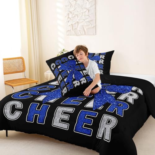 Image of Feelyou Bowknot Cheer Bedding Set Soft for Boys Girls, Blue Cheerleading Comforter Set Twin Size Glitter Cheerleader Duvet Quilt Microfiber Cheer Bow Bedroom Decor 2 Pcs with 1 Pillow Cases