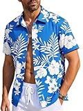 Runcati Camisa hawaiana de manga corta para hombre, camisa informal de verano, con botones, vacaciones, playa, flores, fiesta, camiseta informal, corte regular, camisa informal, azul claro, L