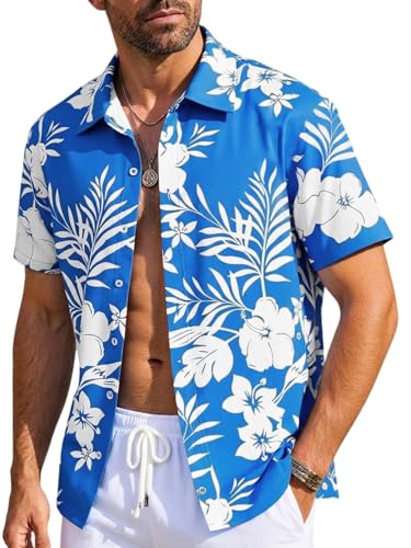 Runcati Herren Hawaiihemd Kurzarm Sommer Freizeithemd Männer Button Down Urlaub Strandhemd Blumen Party Funky Shirt Regular Fit Lässig Hemd Hellblau XL
