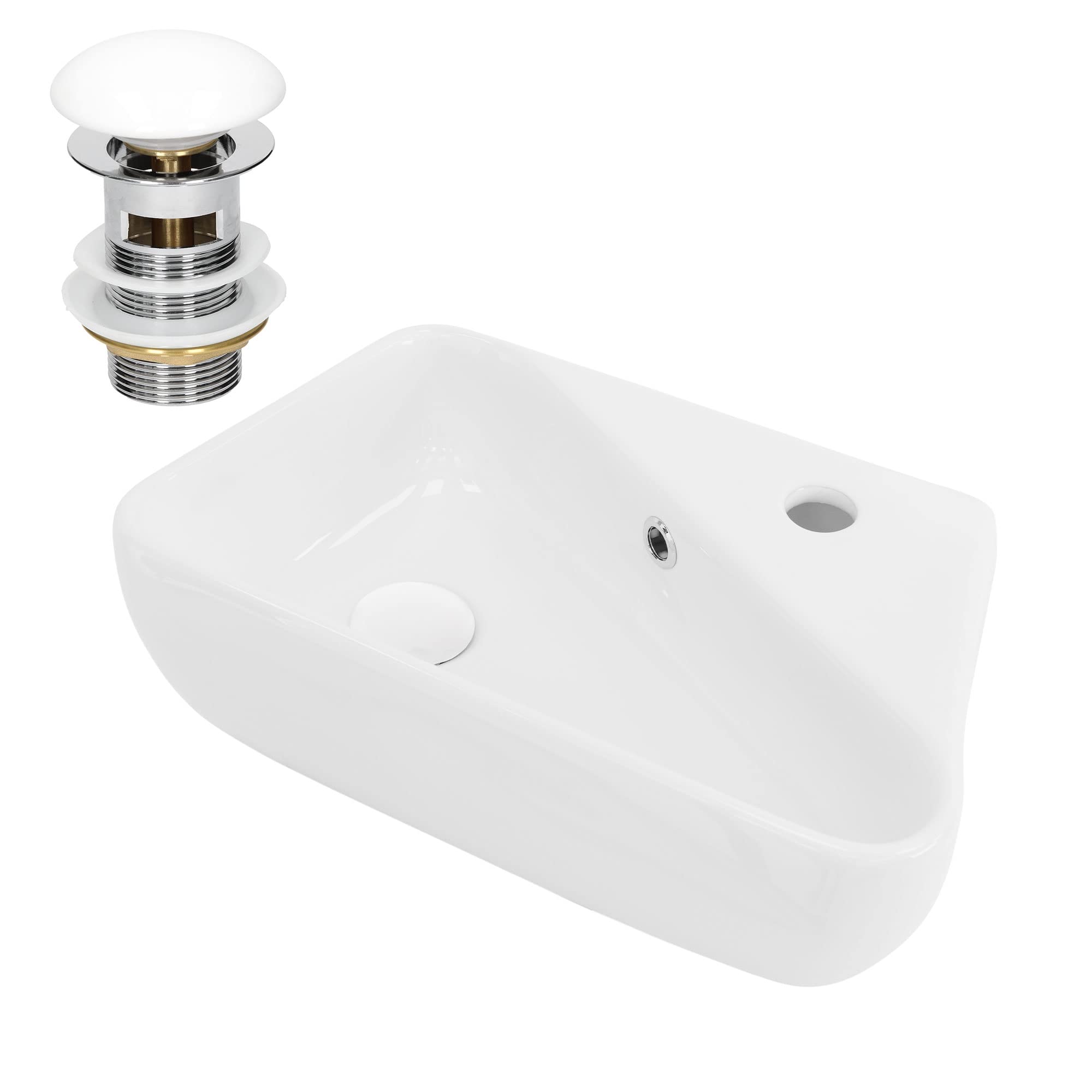 ML-Design Lavabo de Cerámica 45x27x13 cm Angular con Desagüe Blanco Fregadero con Orificio de Grifo a la Derecha Pared o Sobre Encimera Pila Moderna Lavamanos para Baño o Aseo con Rebosadero