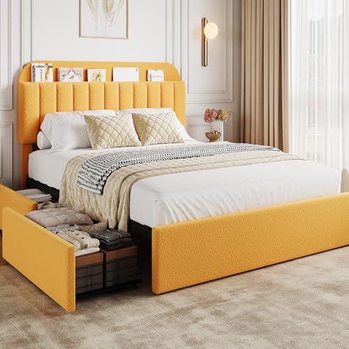 GarveeHome Full Bed Frame with Storage Headboard, Kids Bed Frame with 2 Drawers, Boucle Upholstered Platform Bed with Bookcase, No Box Spring Needed,