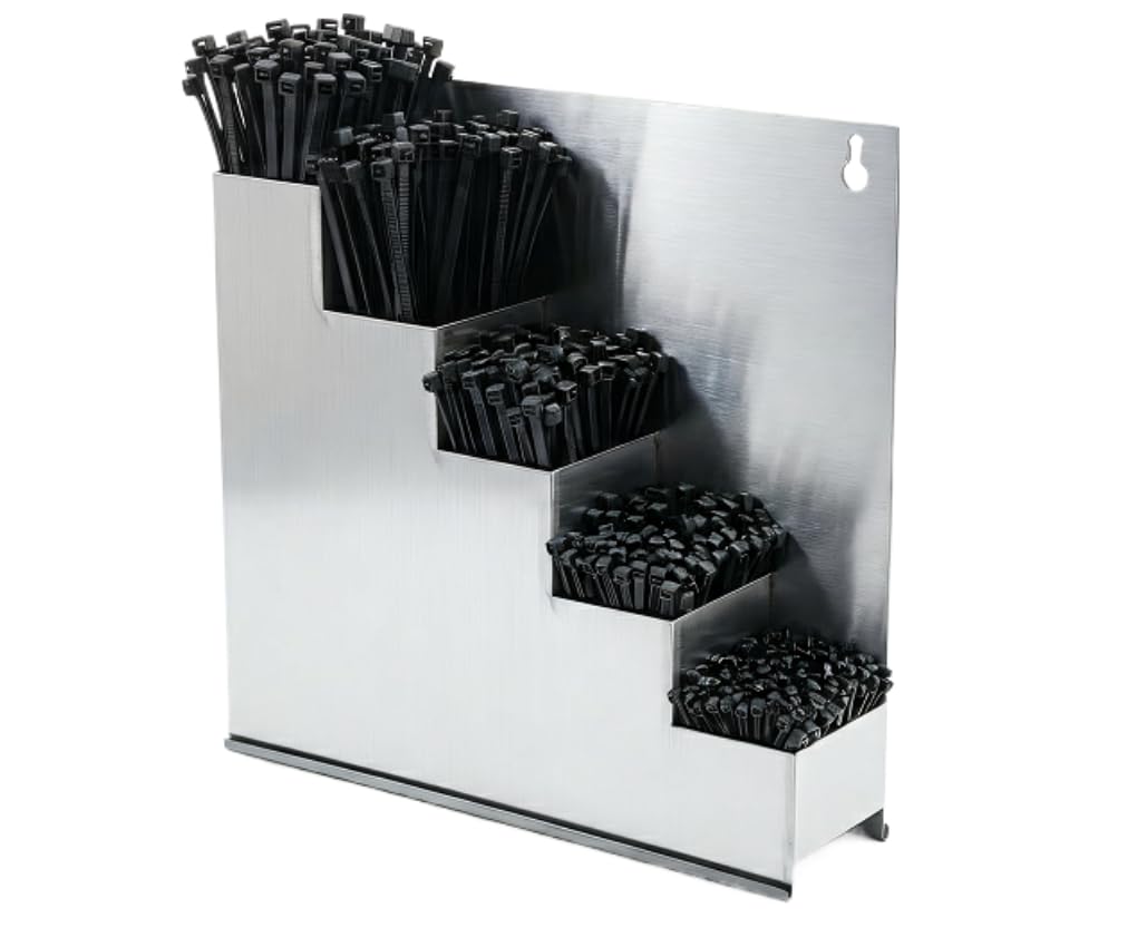 Caja organizadora de acero inoxidable con 500 bridas, color negro, 5 compartimentos, soporte de pared, incluye 5 tamaños y juego de montaje, caja de clasificación profesional para taller y