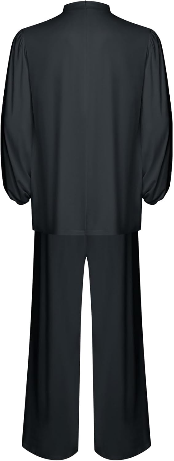 Mens Long Sleeve Pullover Liturgical Praise Dance Outfit with Wide-Leg Pants Worship Church Dancewear