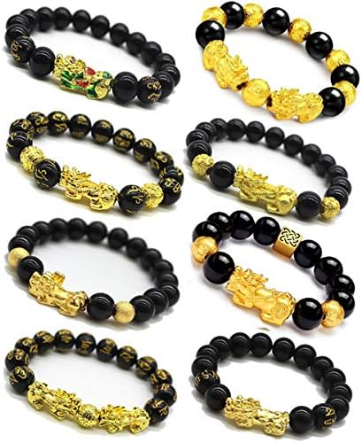 CARSHIER 8PCS Feng Shui Good Luck Bracelets for Men Women Obsidian Bead Chinese Dragon Lucky Charm Pixiu Pi Yao Attract Wealth Money Mantra Amulet Jewelry Adjustable Elastic