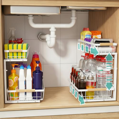whalenoble Under Sink Organizer 2 Pack, 2 Tier Pull Out Cabinet Organizers and Storage for Kitchen Bathroom Pantry Laundry, Adjustable Height, Slide Out Thickened Metal Storage Shelf (White, 2 Pack)