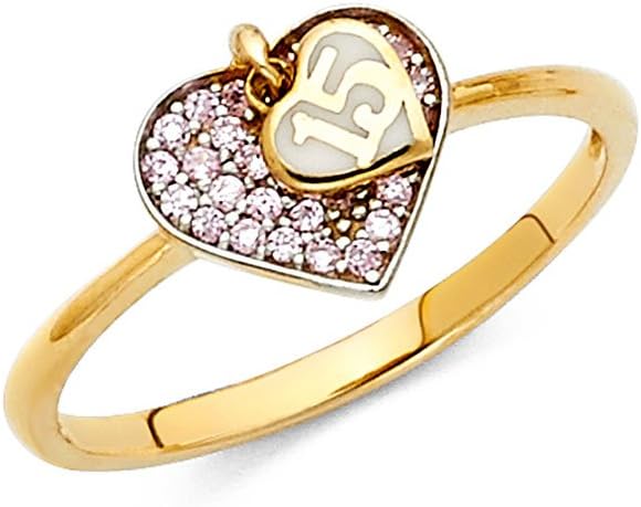 The World Jewelry Center 14k Yellow Gold Solid Pave-Set 15 Anos Quinceanera Heart Design Fashion Ring