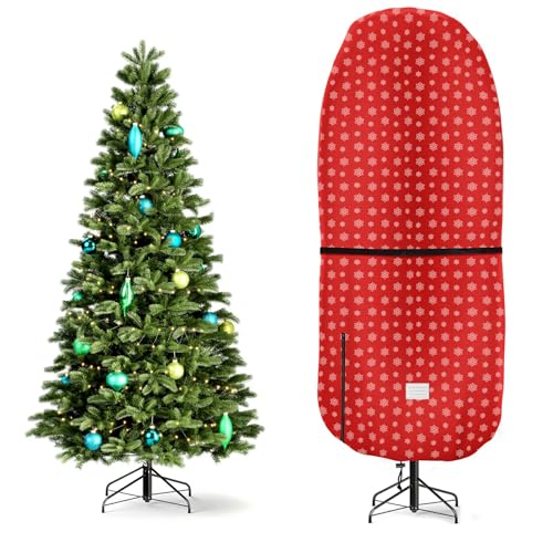 Riuog Upright Christmas Tree Storage Bag,Tear Resistant Adjustable 7.5 FT Xmas Tree Storage Cover for Assembled Tree with Ornaments,Christmas Tree Cover Waterproof -Snow Printing Red
