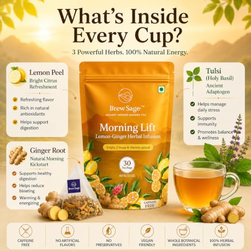 Image of Brew Sage Morning Lift Herbal Tea - Lemon, Ginger & Tulsi | Detox Tea for Weight Loss, Bloating & Digestion | Caffeine-Free Energy & Stress Relief | 30 Tea Bags | Vegan, GMP Certified
