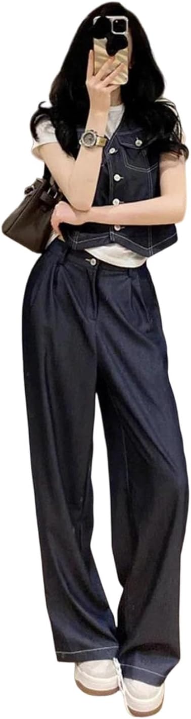 Women's Denim Two Piece Set Vest Top Wide Leg Pants Minimal Elegant Outfit