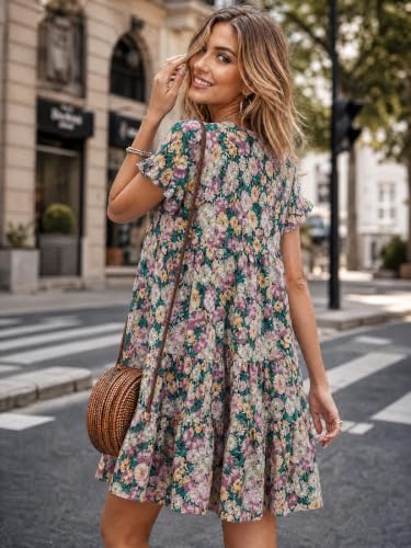 Image of Imysty Womens Boho Floral Ruffle Sleeve Babydoll Loose Flowy Casual Summer Pleated Mini Dress