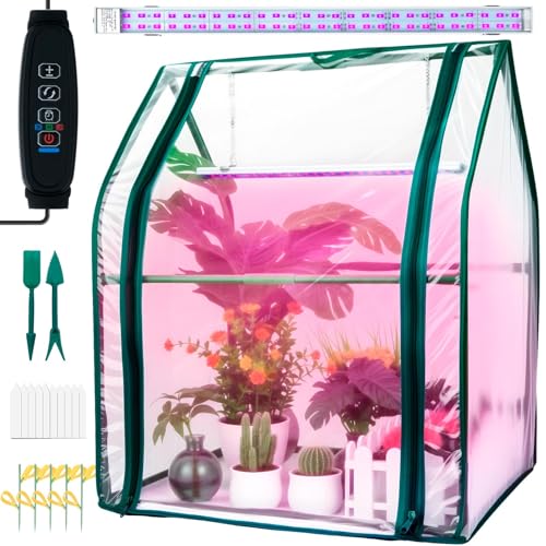 Hugbow Mini Greenhouse Indoor, Mini Green House with Grow Light, 15W Full Spectrum Plant Lights & Timer for Seed Starter Tray, Indoor Outdoor Plants 24'x16'x20'