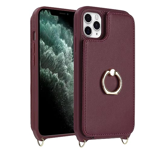 Image of for iPhone 11 Pro Phone Case with Card Holder and Strap for Women,Crossbody Lanyard,RFID Blocking,Kickstand Ring Stand,Snap Clasp,Phone Wallet Cases 5.8 inch(Wine Red)