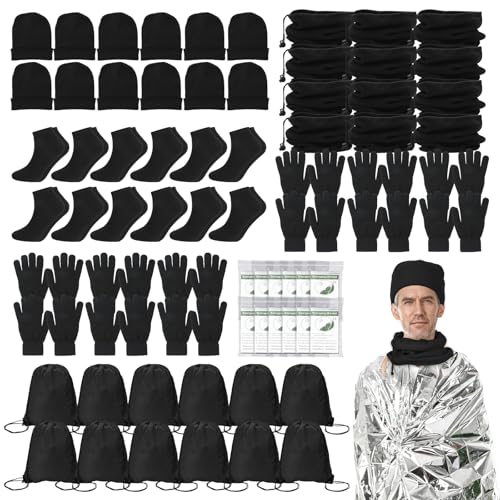 72 Pcs Homeless Care Package Supplies Black Bulk Winter Beanie Hats Emergency Blankets Sock Gloves Scarf Unisex Draw String Bag for Cold Weather Woman Men Homeless Charity Donating Warm Gift