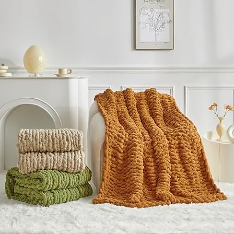 Longhui bedding Handmade Chunky Knit Blankets, Luxurious Chenille Cable Knit Throw Blanket Yarn for Couch Sofa and Bed, Ultra Soft Decorative Burnt Orange Christmas Blanket, Machine Washable 51 x 63 Cover