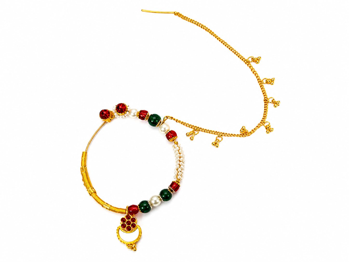 Traditional Bridal Nath with Pearl & Coloured Beads, Gold-Toned, Chain with Charms, Indian Wedding Nose Ring-image-32
