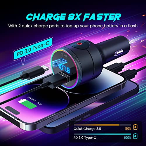 Achifine Bluetooth Car Adapter - Fm Bluetooth Transmitter Car/ Music Player /Car Kit For Pd 20W & Qc3.0 Quick Charge, Hands-Free Calls, Hi-Fi Music, Siri Google Assistant, Rgb Backlit, Aux Out #TOP2