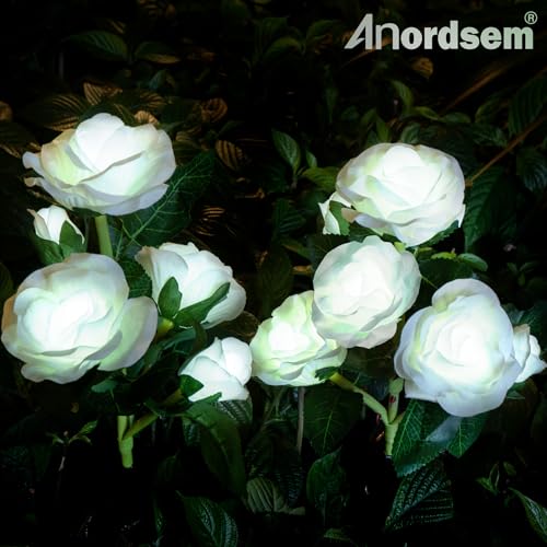 Image of Anordsem Solar Garden Lights Outdoor: 10 Waterproof Fabric Roses 2 Pack - White LED Flower Decorations for Yard Patio Path Cemetery Grave - Mother's Day Gift for Her Women Mom Wife