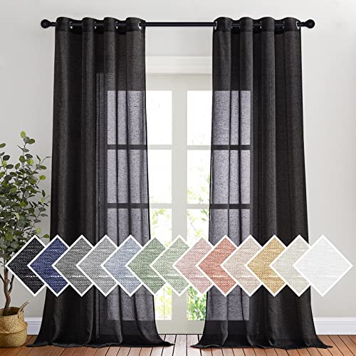 NICETOWN Classic Linen Weave Flax Sheer Window Curtains, Grommet Translucent Drapes Semitransparent Privacy with Light Through for Bedroom/Living Room, Black, W52 x L96, 2 Pieces