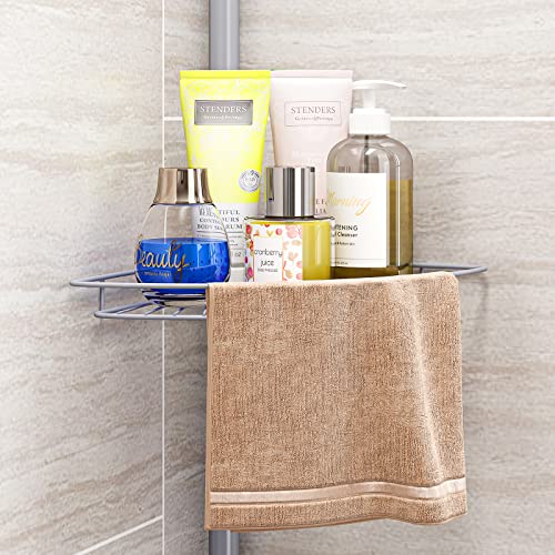 Aiyaka Tension Corner Shower Pole Caddy, Bathroom Storage Organizer With 2 Hooks, 65 To 106 Inch Adjustable Height, 3-Stage Adjustment Height, Silver #TOP5
