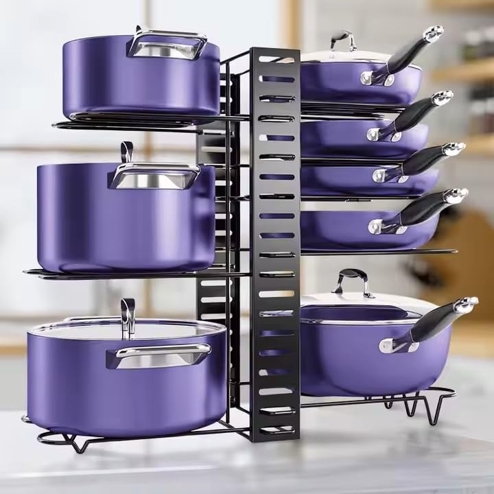 Image of ZEUS GLOBALIZED Iron Metal Pot Countertop Pan Rack Organizer, 8 Pots Holder, 4-Tiers Each Side, Tiered Shelf, Cabinet Pantry Pot Pan Lid Holder, Black